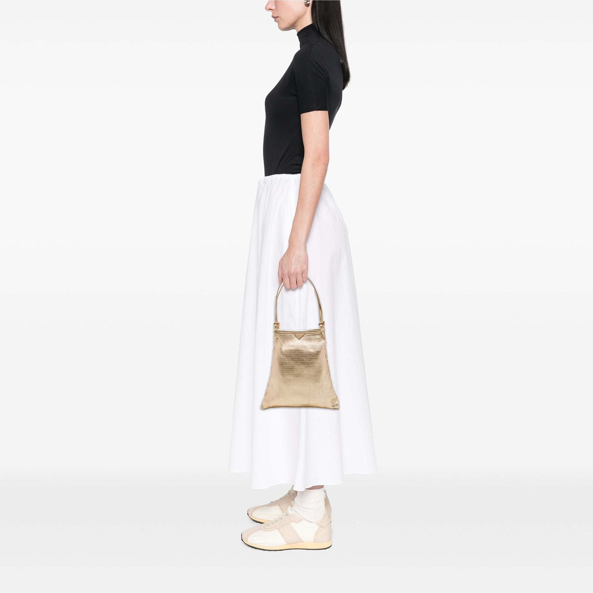 Prada Metallic Calfskin Woven Slit Patterned Handbag — Gold
