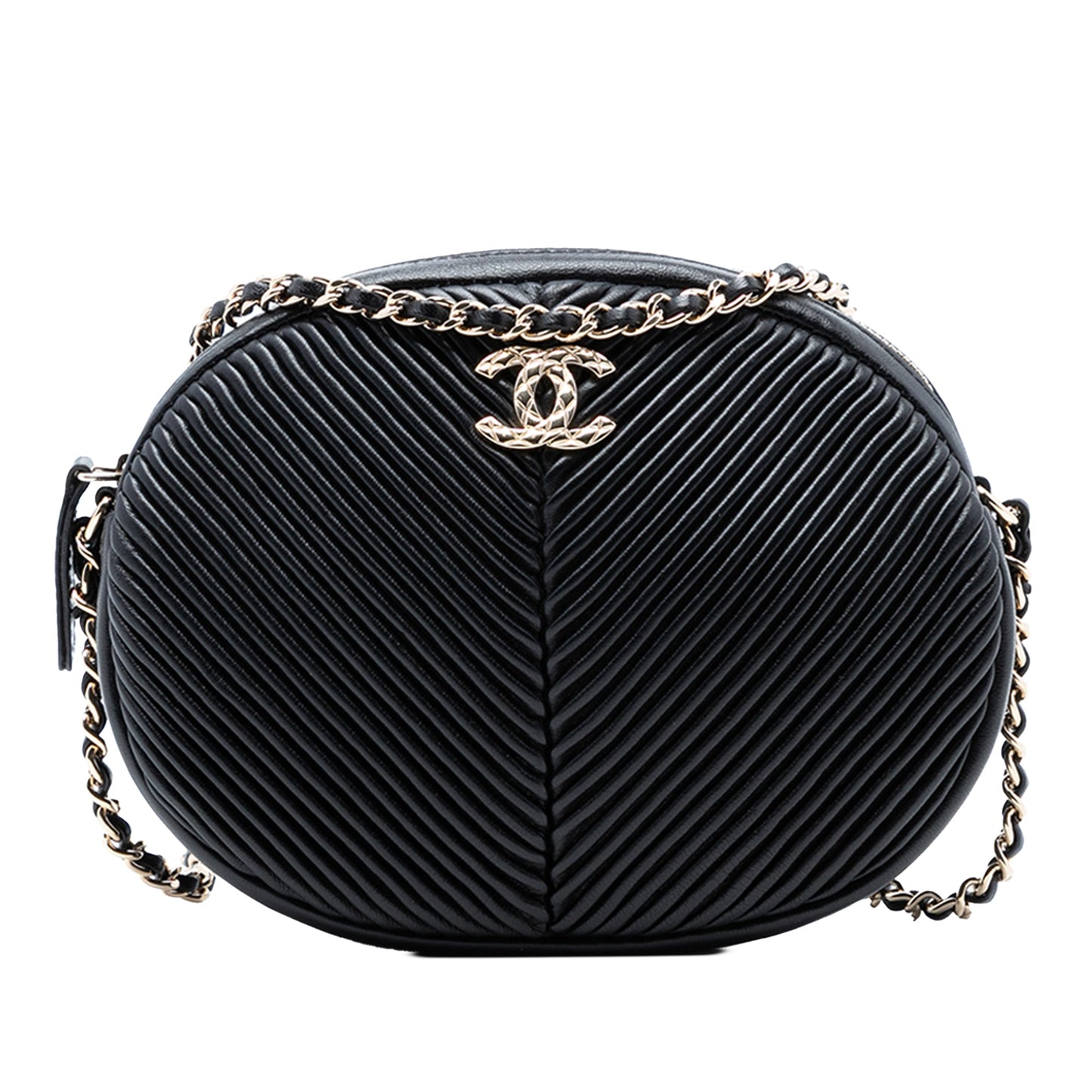 Chevron Lambskin Pleated Oval Camera Bag