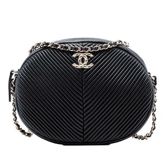 Chevron Lambskin Pleated Oval Camera Bag