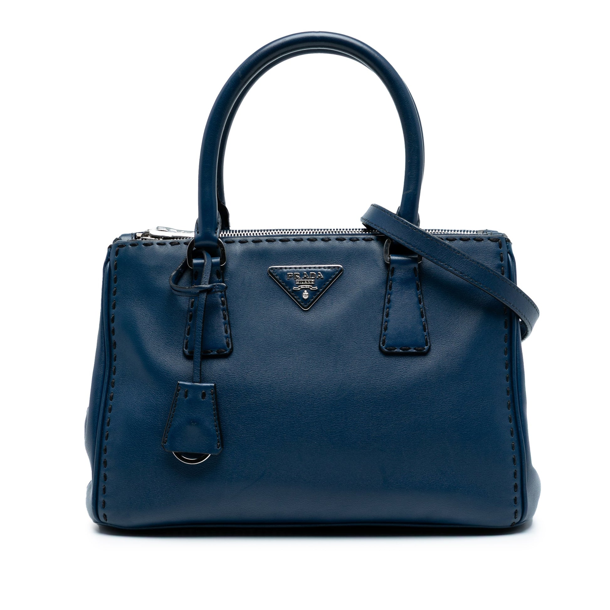Prada Small City Calf Hand Stitched Galleria Double Zip Satchel