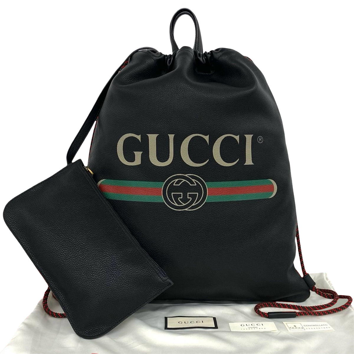 Gucci Grained Calfskin Web Logo Drawstring Backpack