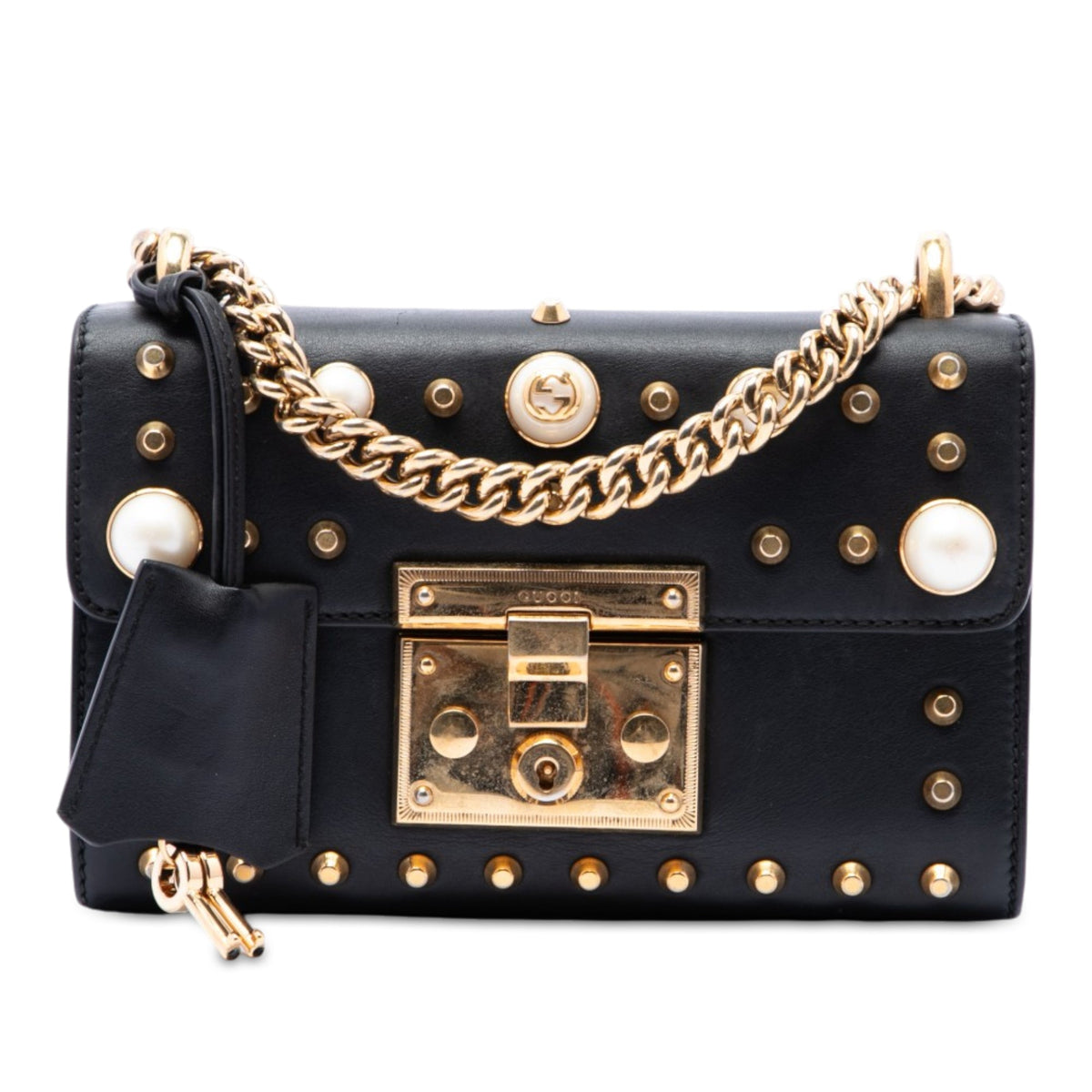 Gucci Small Pearl Studded Leather Padlock Crossbody