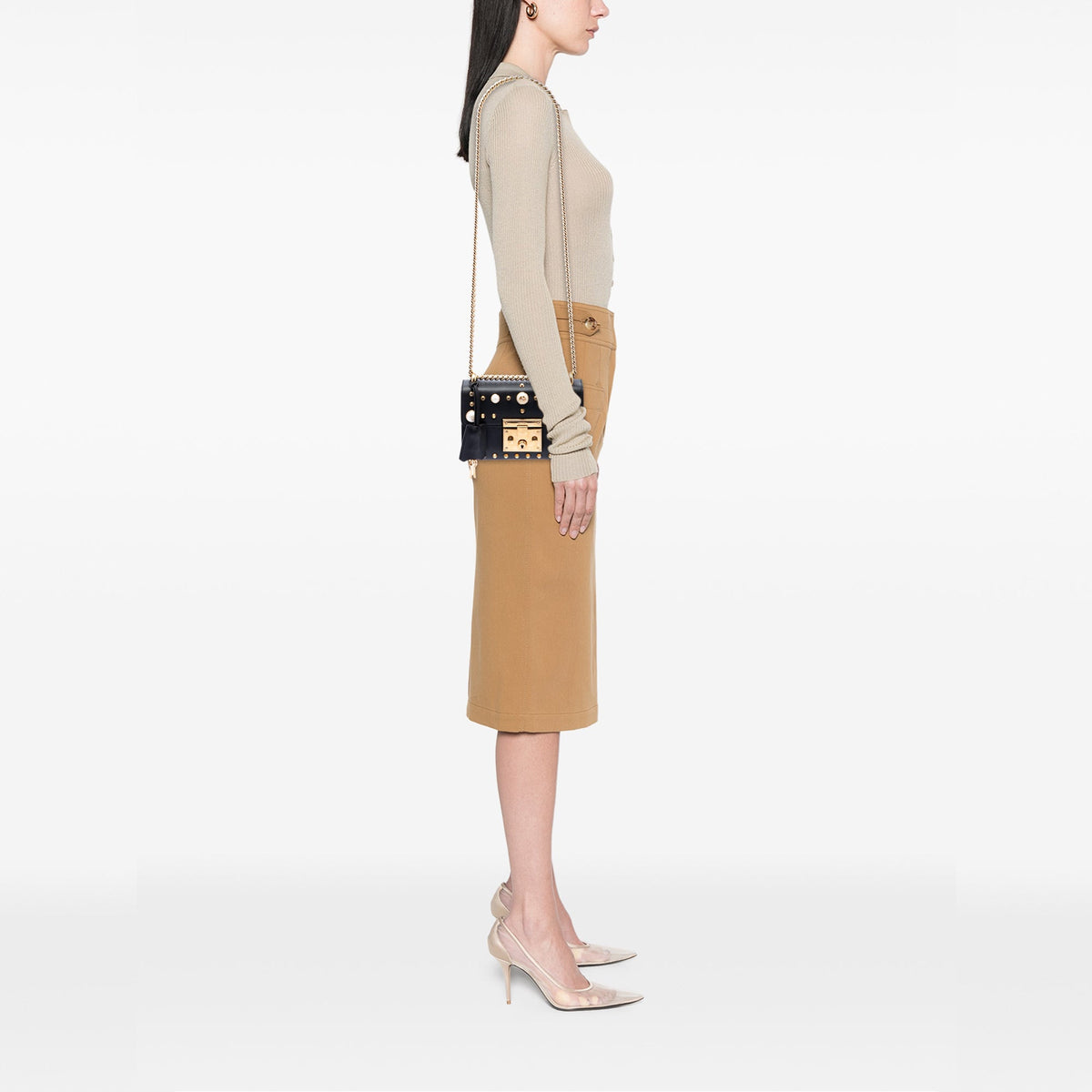 Gucci Small Pearl Studded Leather Padlock Crossbody