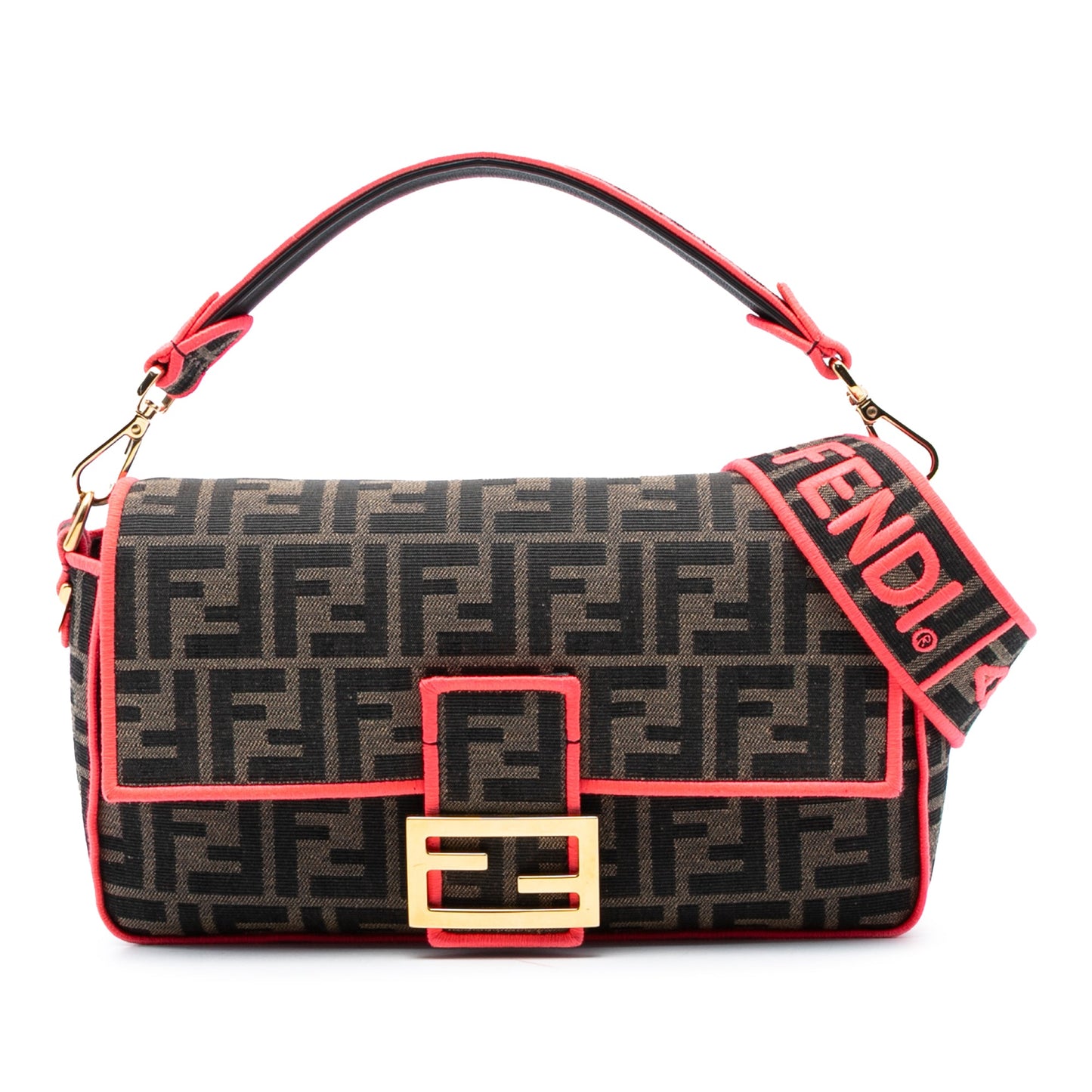 Fendi Medium Zucca Canvas Fluo Trim Baguette Satchel