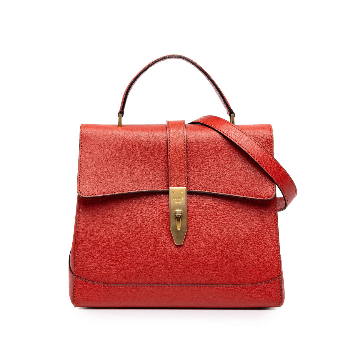 Celine Leather 16 Turn Lock Top Handle Bag — Red
