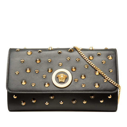 Versace Studded Vitello Calfskin Palazzo Medusa Clutch With Chain — Black