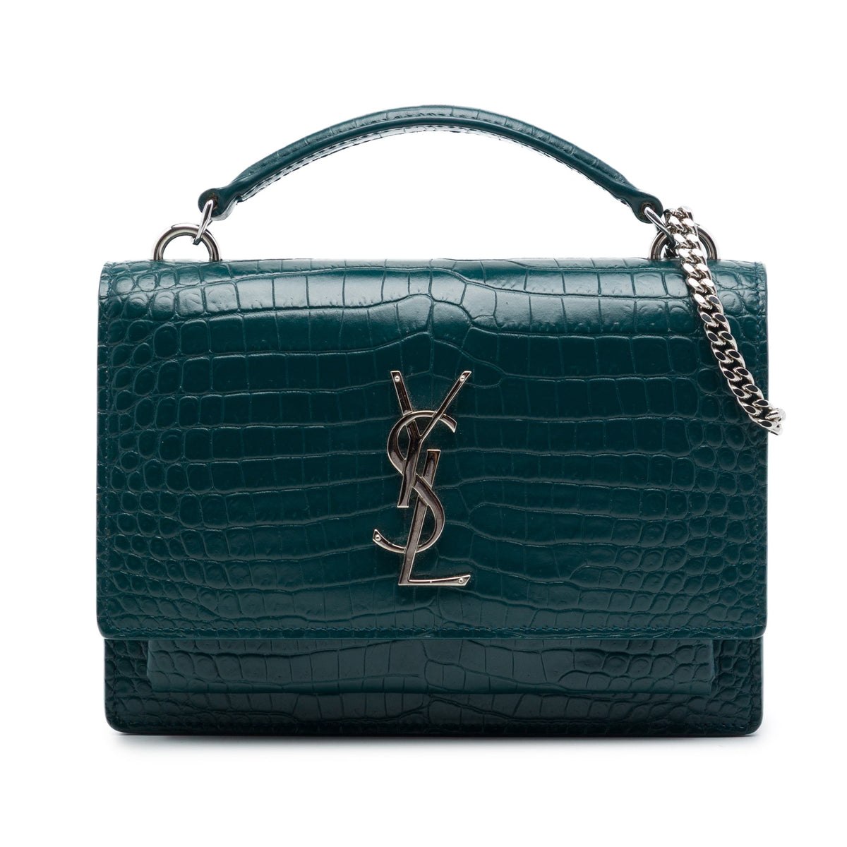 Saint Laurent Mini Croc Embossed Leather Monogram Sunset Wallet on Chain — Green