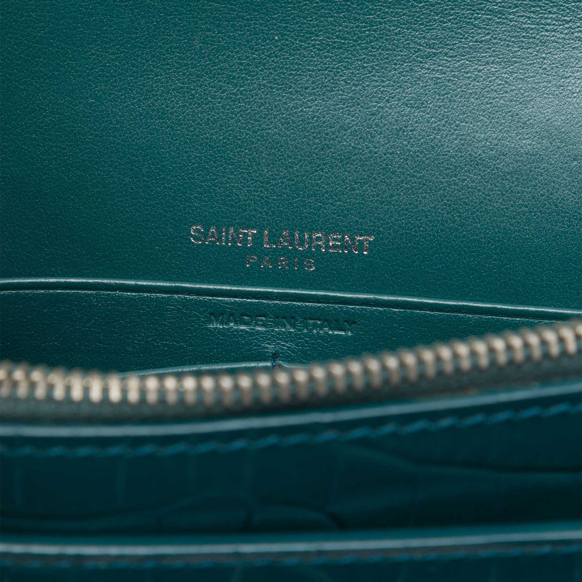 Saint Laurent Mini Croc Embossed Leather Monogram Sunset Wallet on Chain — Green