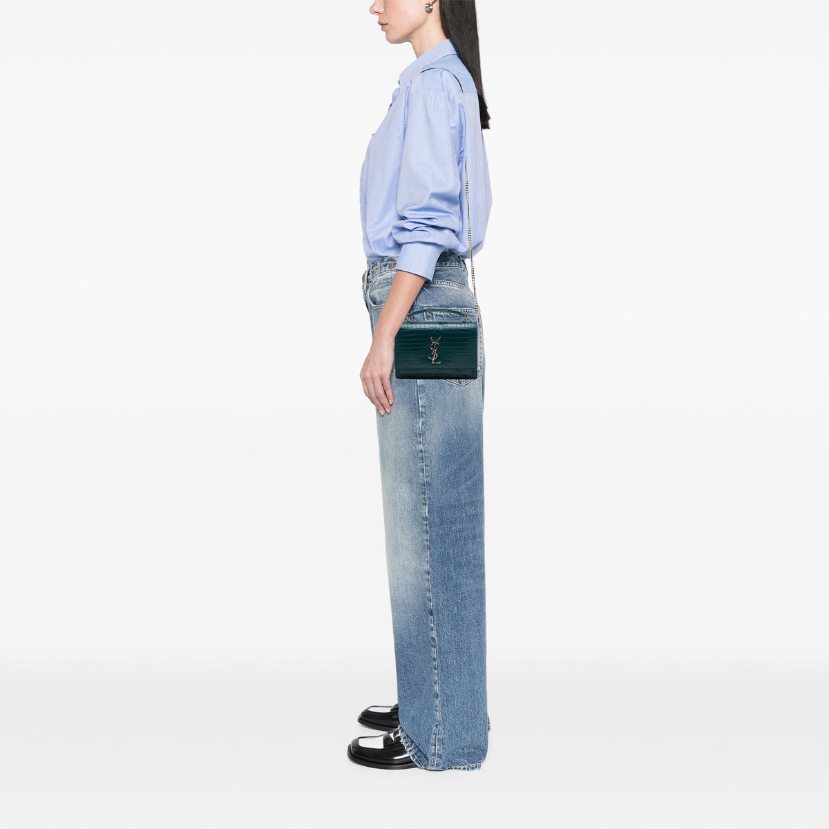 Saint Laurent Mini Croc Embossed Leather Monogram Sunset Wallet on Chain — Green