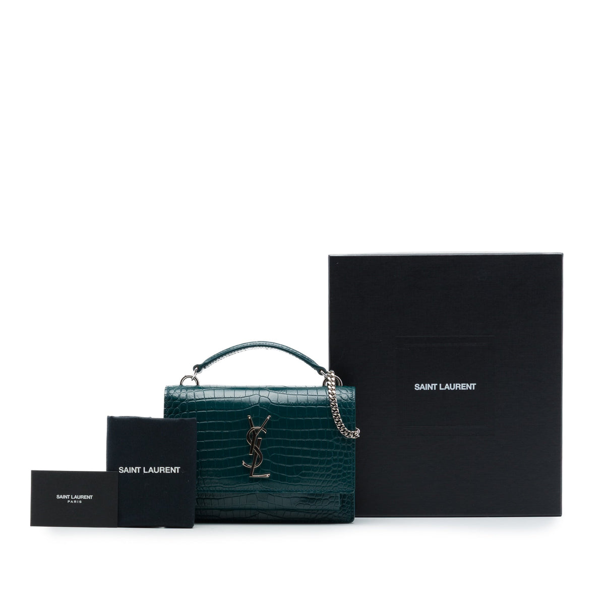 Saint Laurent Mini Croc Embossed Leather Monogram Sunset Wallet on Chain — Green