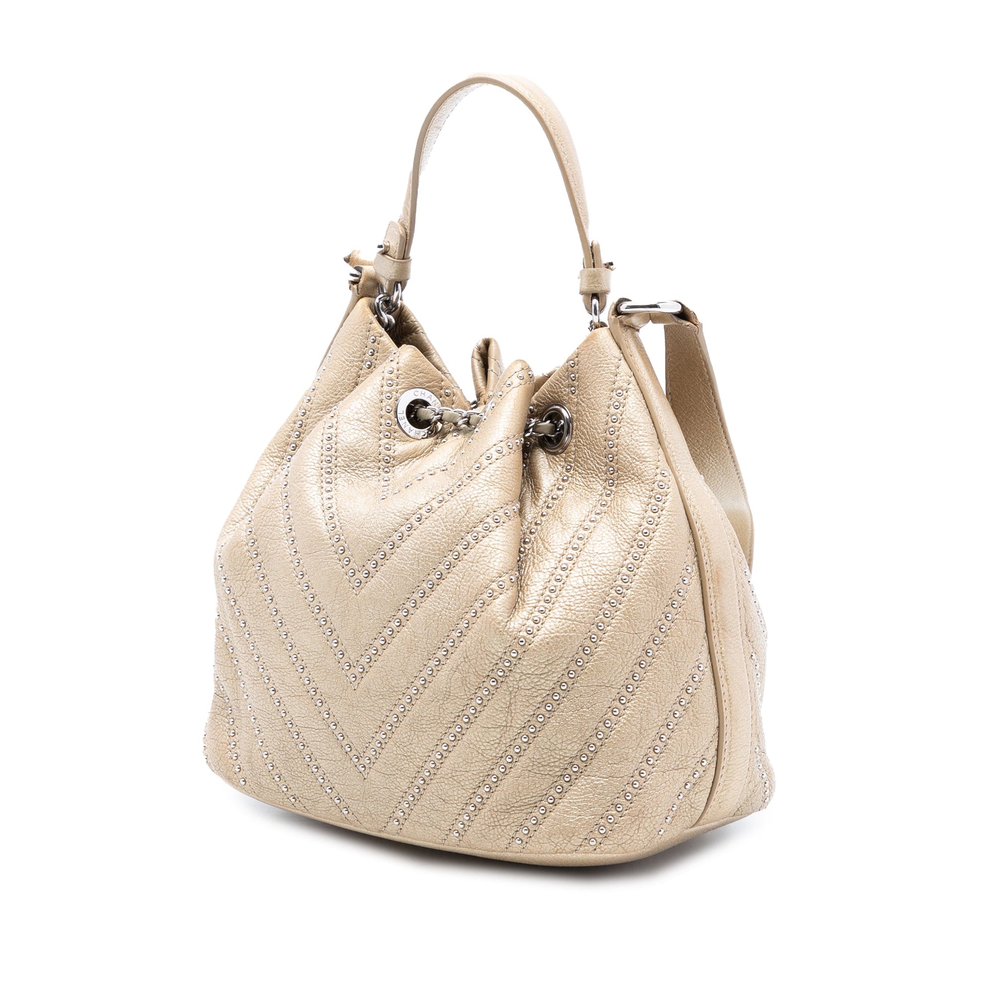 Small Chevron Calfskin Stud Wars Drawstring Bucket Bag