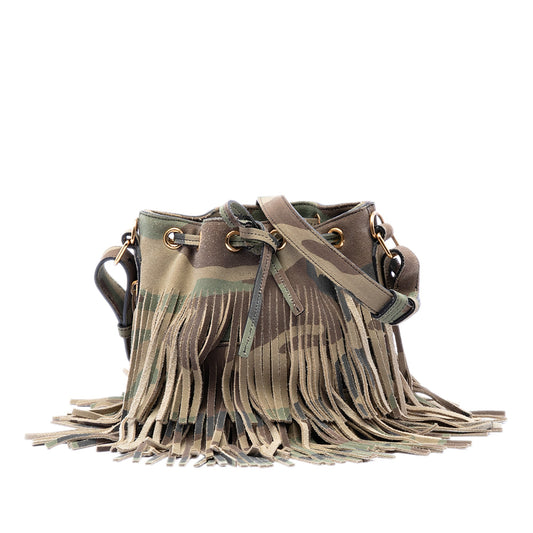 Saint Laurent Small Camouflage Print Suede Emmanuelle Fringe Bucket Bag