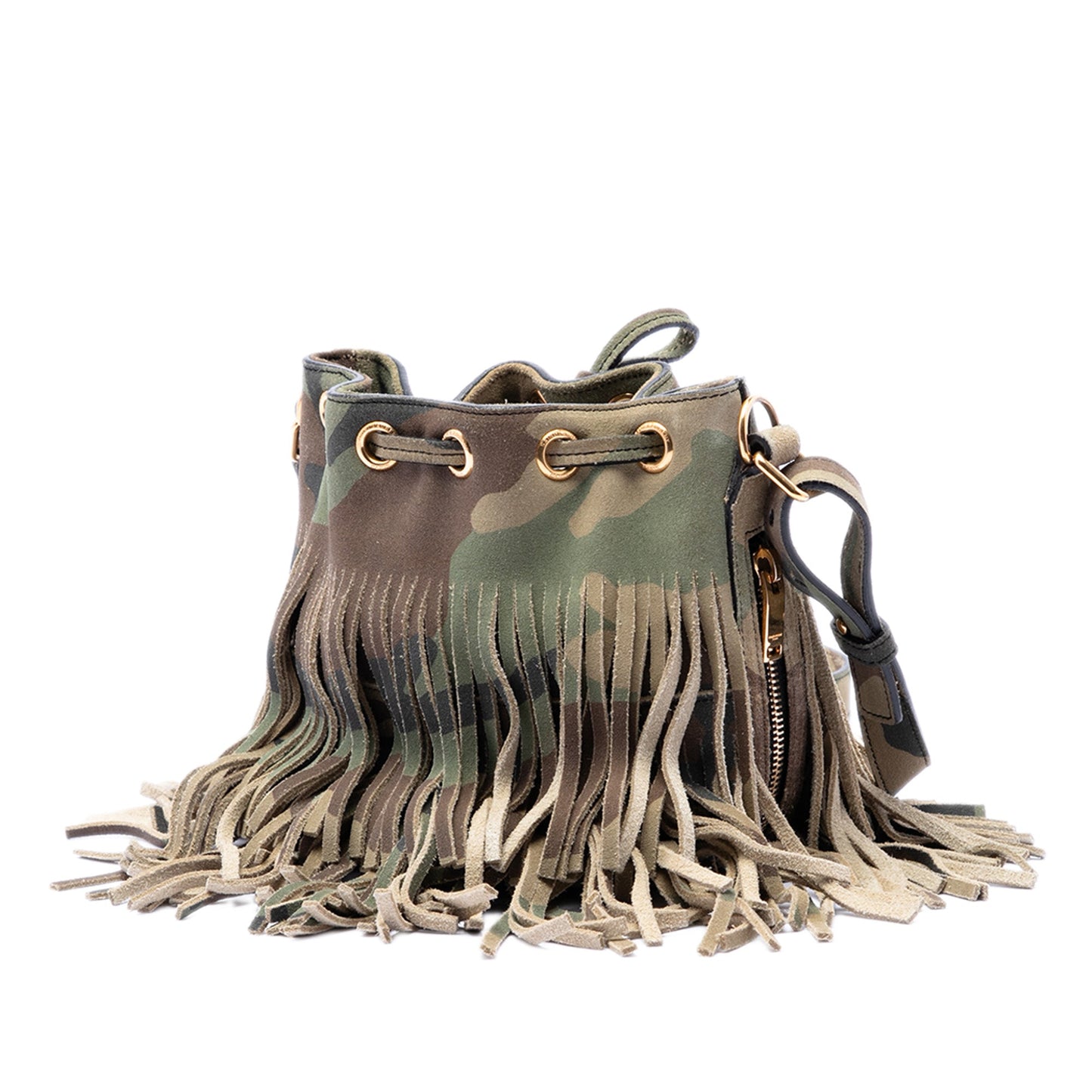 Saint Laurent Small Camouflage Print Suede Emmanuelle Fringe Bucket Bag