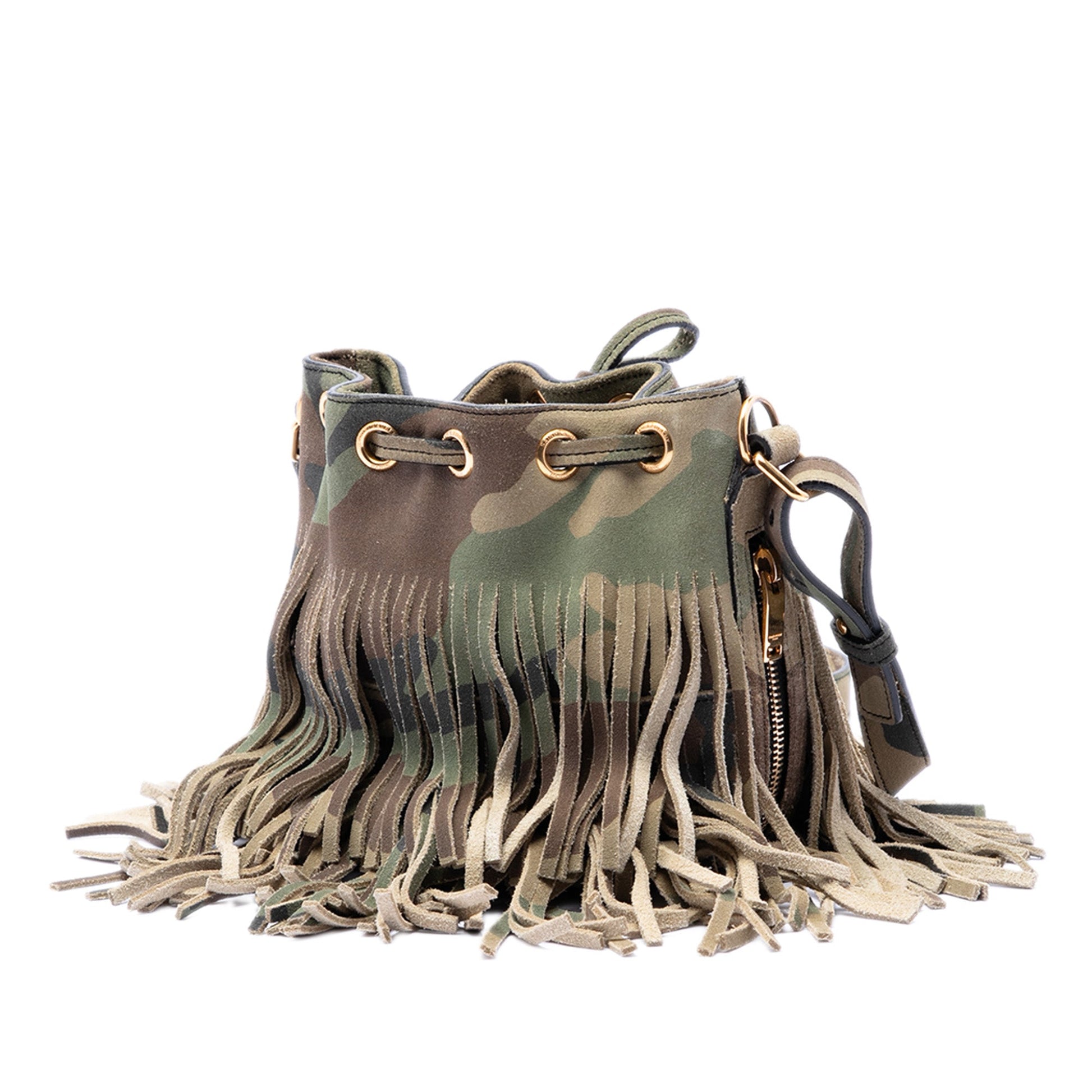 Saint Laurent Small Camouflage Print Suede Emmanuelle Fringe Bucket Bag