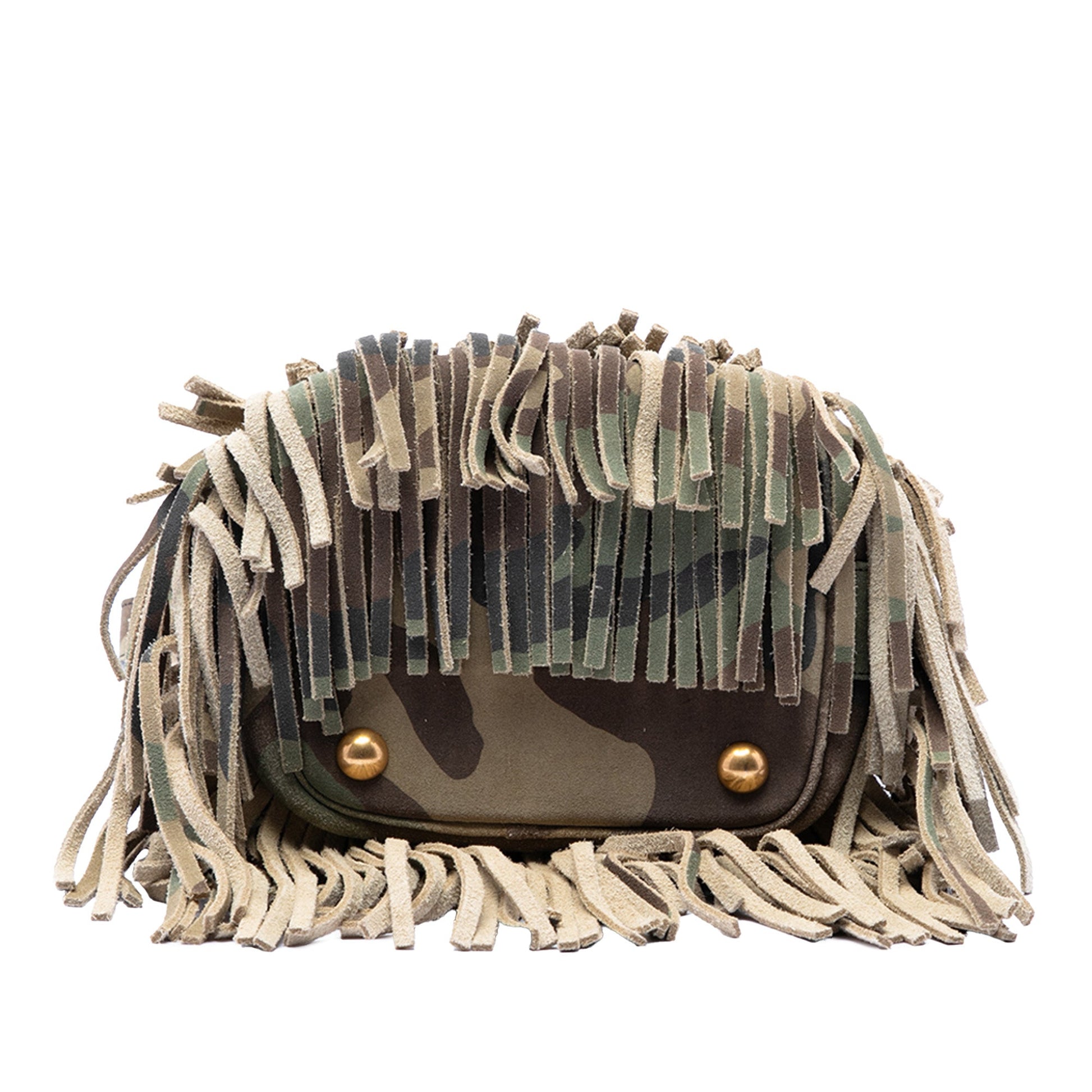 Saint Laurent Small Camouflage Print Suede Emmanuelle Fringe Bucket Bag