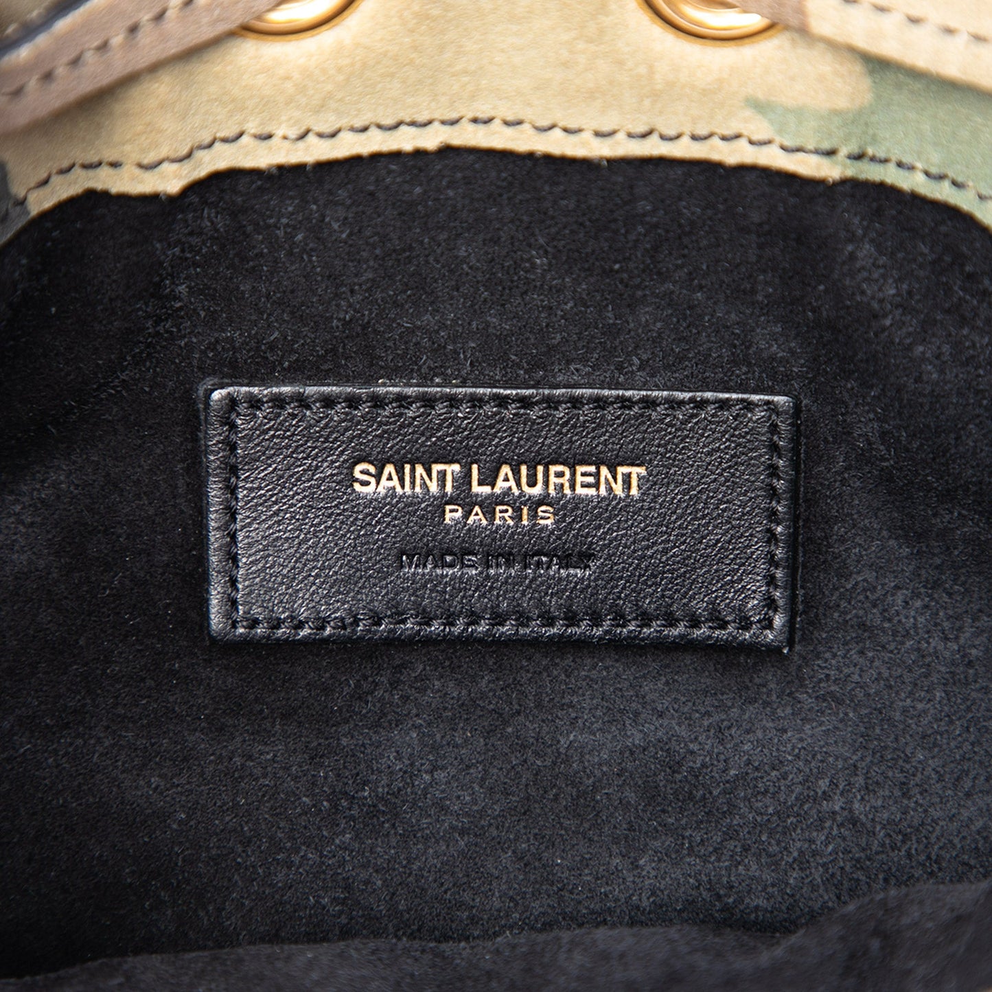 Saint Laurent Small Camouflage Print Suede Emmanuelle Fringe Bucket Bag