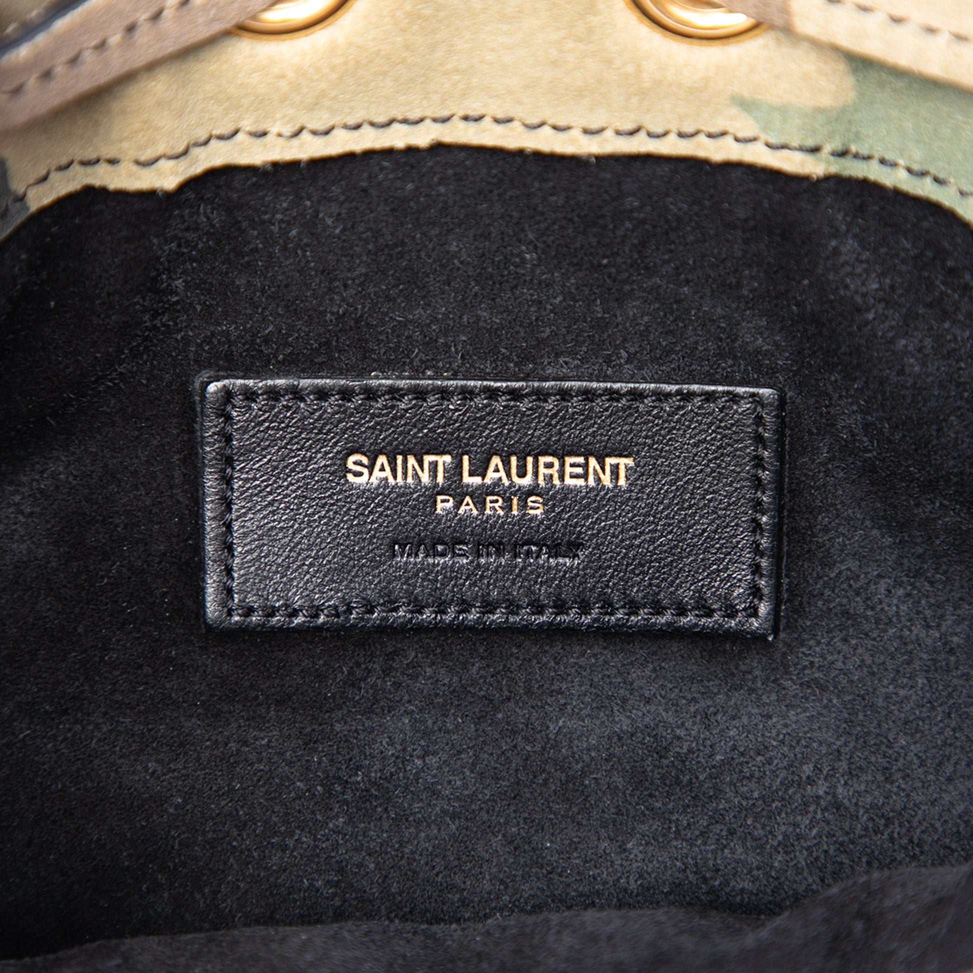 Saint Laurent Small Camouflage Print Suede Emmanuelle Fringe Bucket Bag