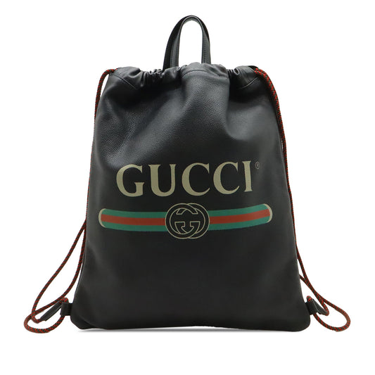 Gucci Grained Calfskin Web Logo Drawstring Backpack