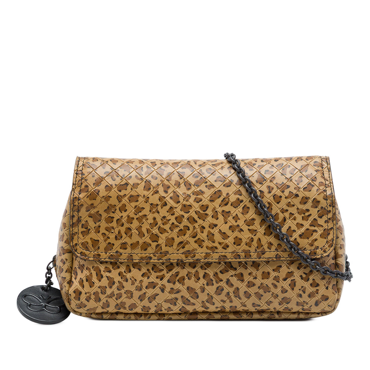Bottega Veneta Small Calfskin Intrecciomirage Leopard Print Chain Flap Crossbody — Brown