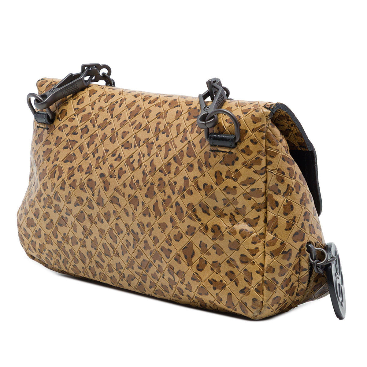 Bottega Veneta Small Calfskin Intrecciomirage Leopard Print Chain Flap Crossbody — Brown