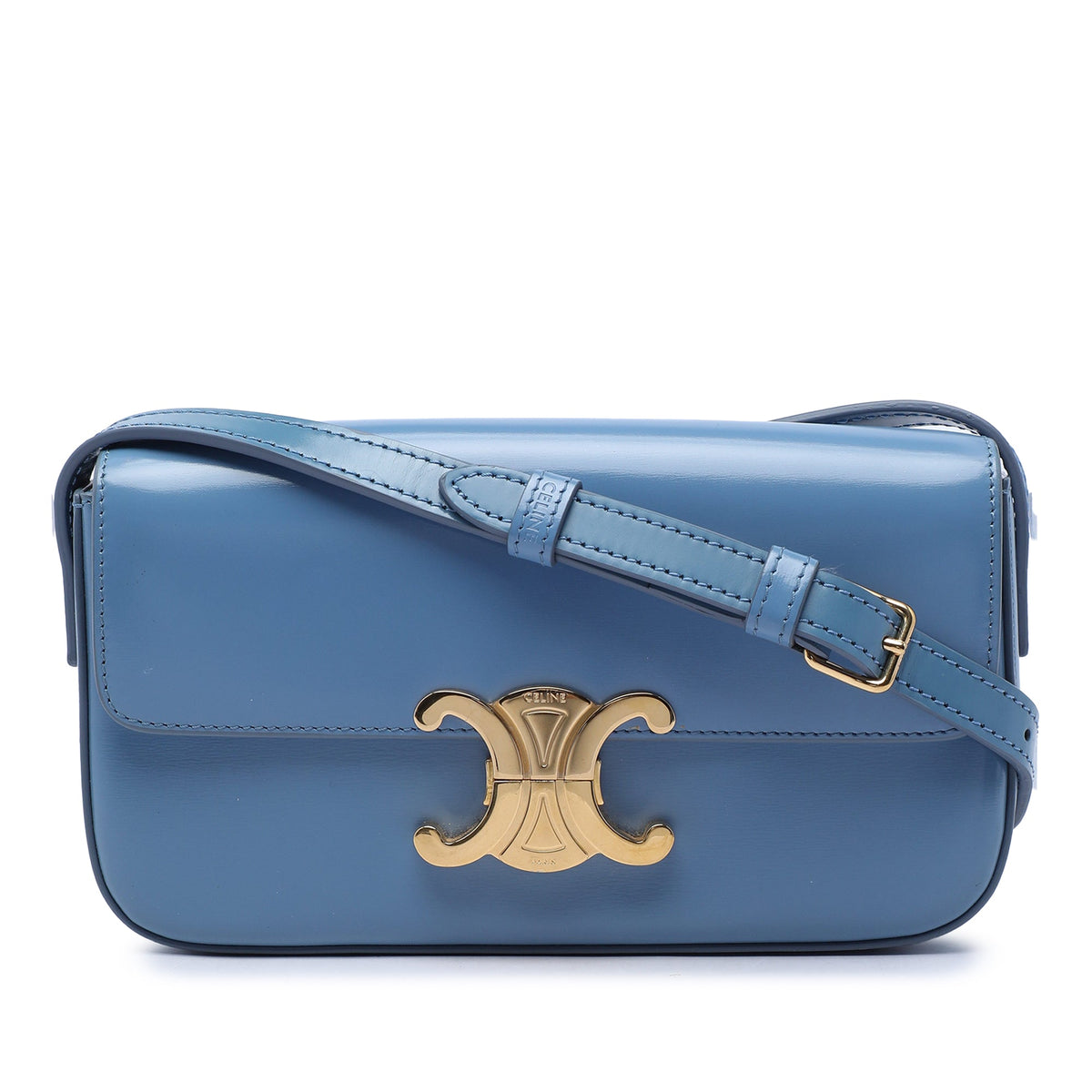 Celine Shiny Calfskin Triomphe Claude Shoulder Bag — Blue