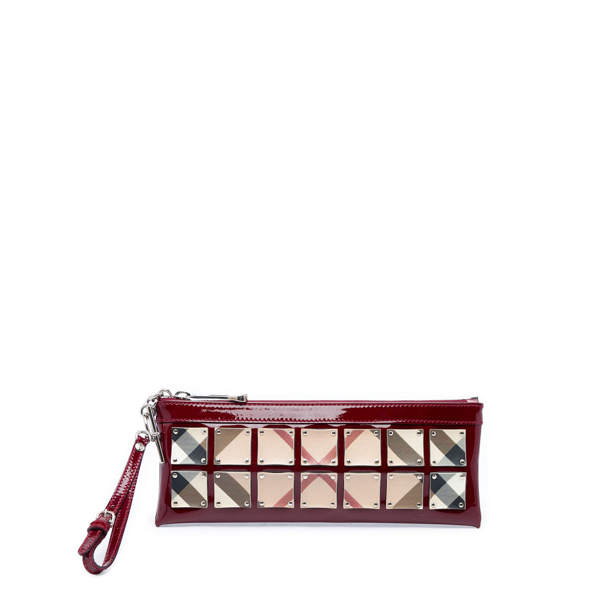 Burberry Patent and Supernova Check Coated Canvas Studded Wristlet Clutch — Red