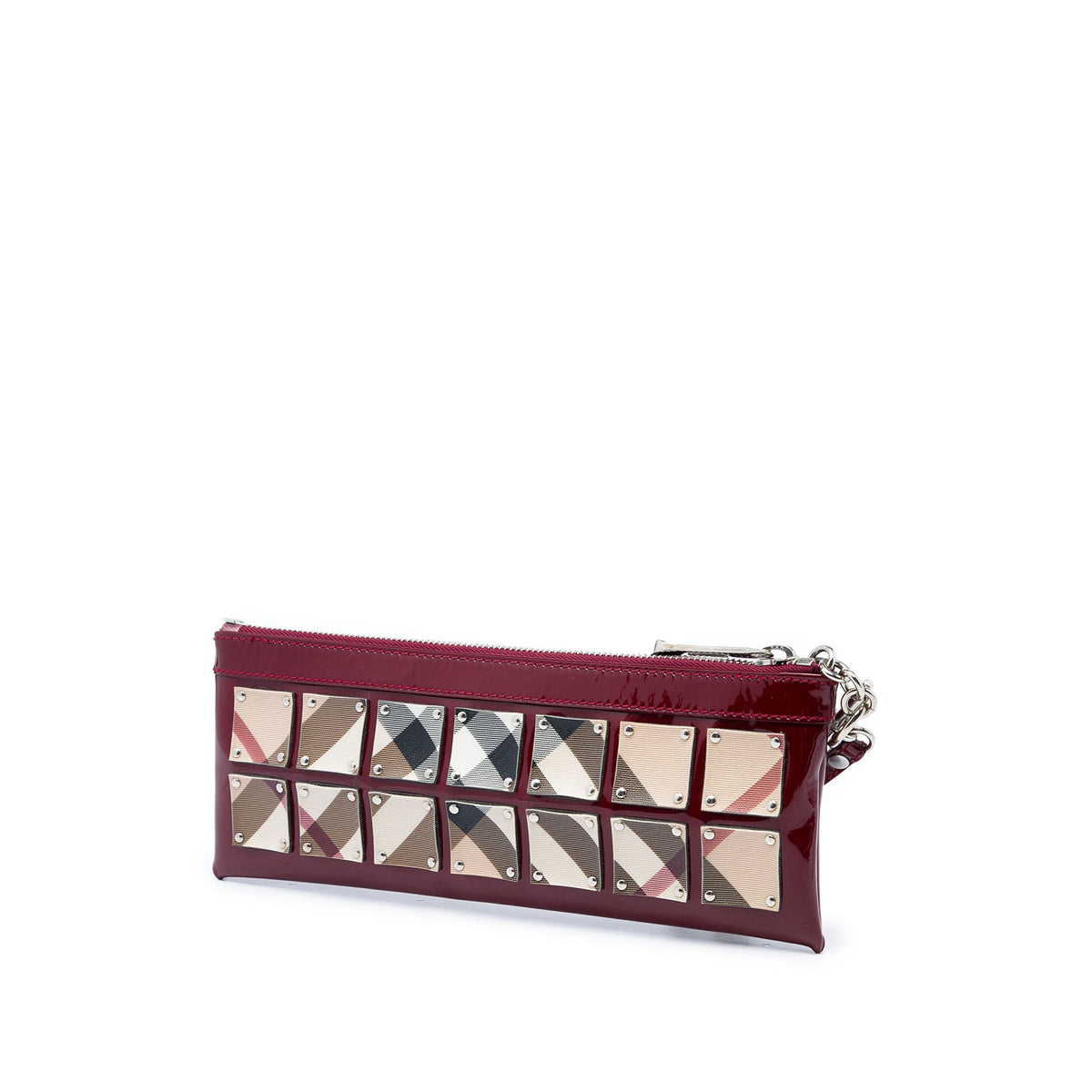 Burberry Patent and Supernova Check Coated Canvas Studded Wristlet Clutch — Red