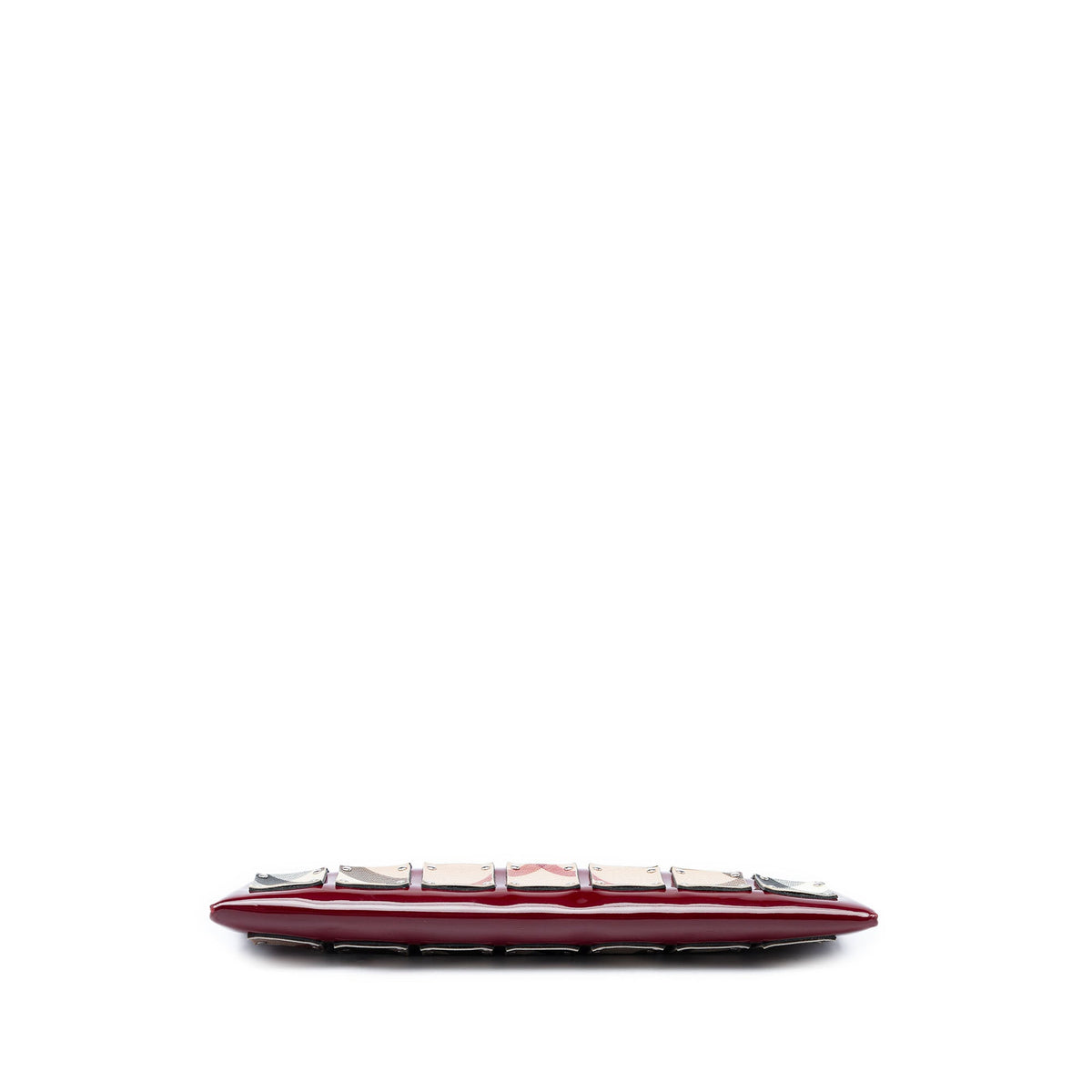 Burberry Patent and Supernova Check Coated Canvas Studded Wristlet Clutch — Red