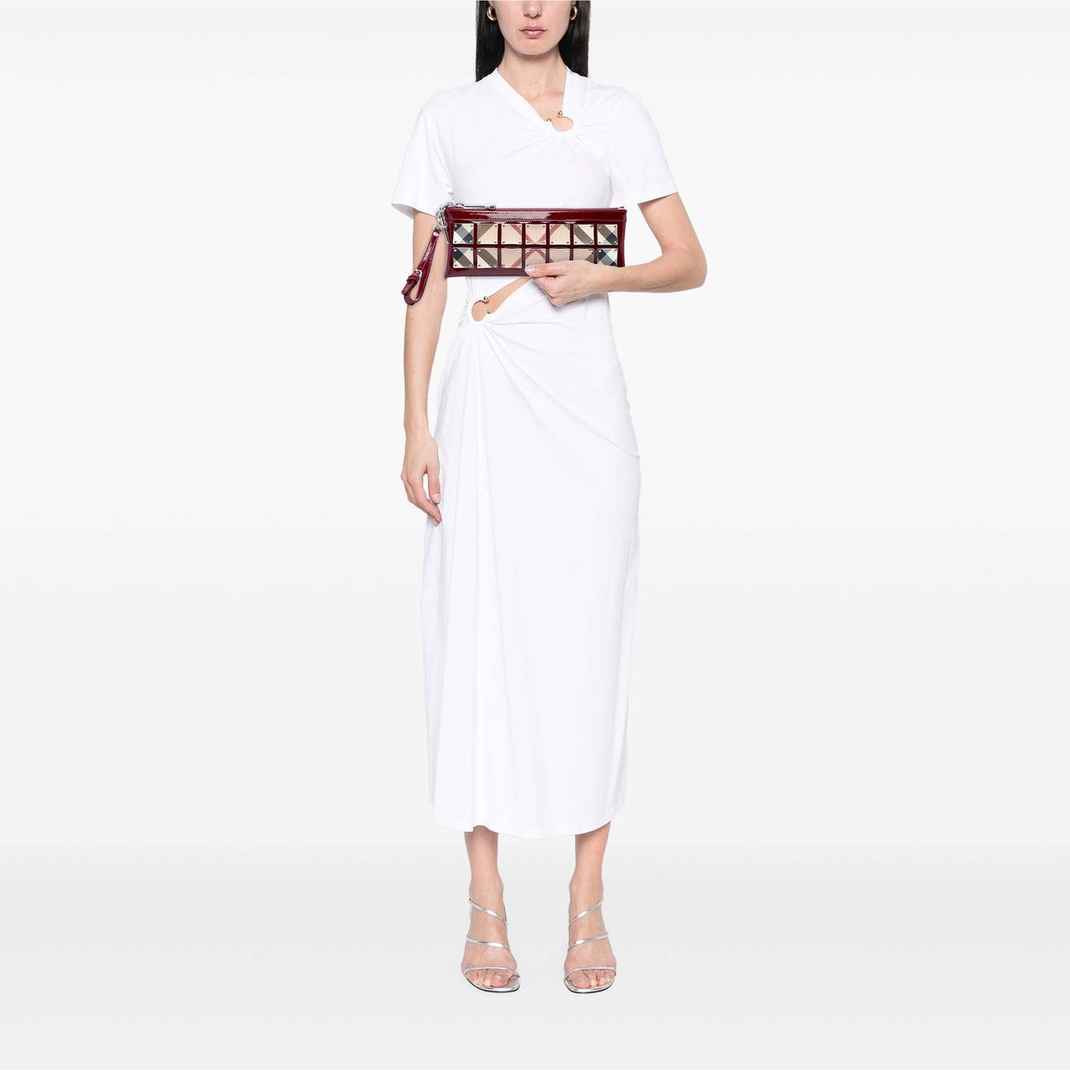 Burberry Patent and Supernova Check Coated Canvas Studded Wristlet Clutch — Red