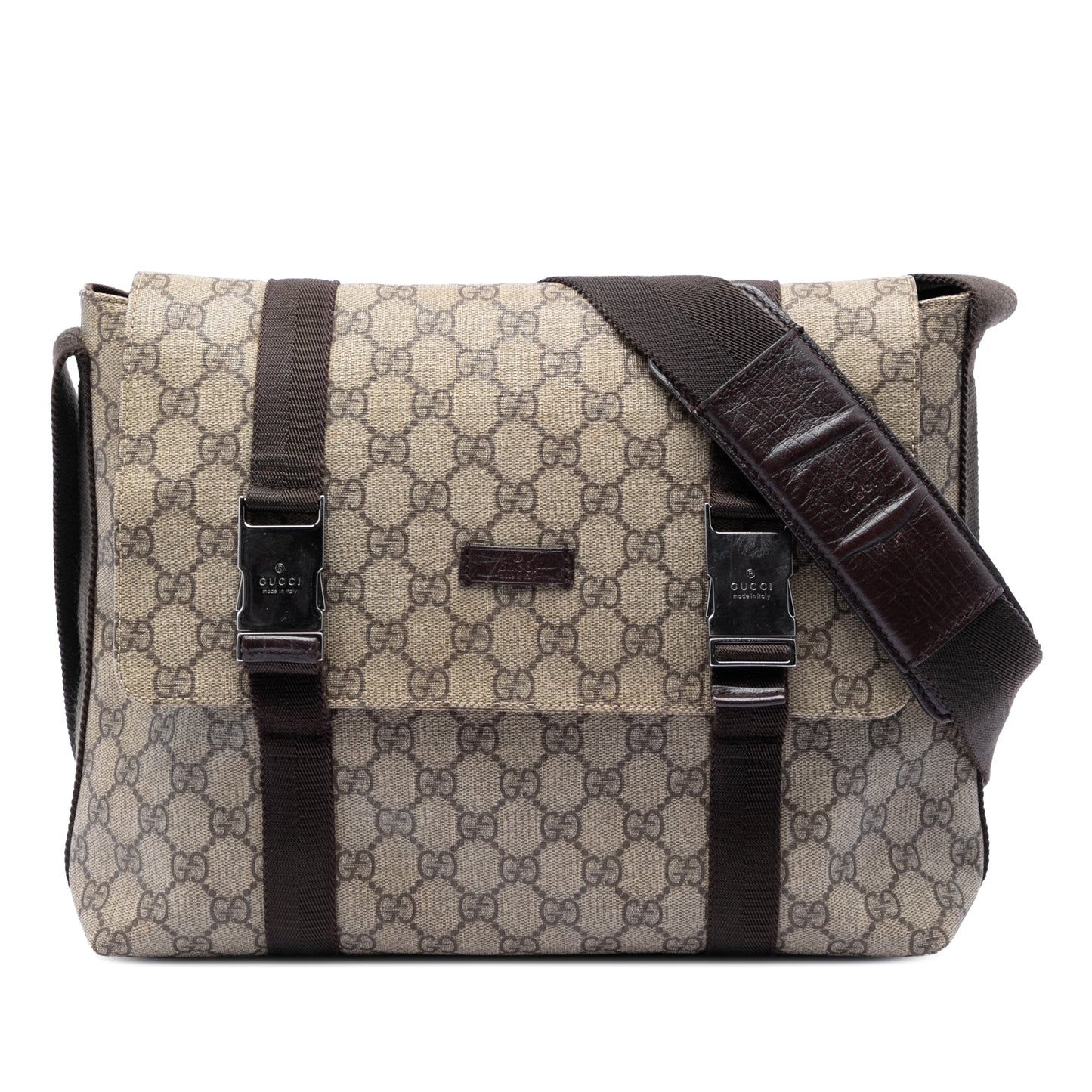 Gucci Large GG Supreme Double Buckle Flap Messenger Bag