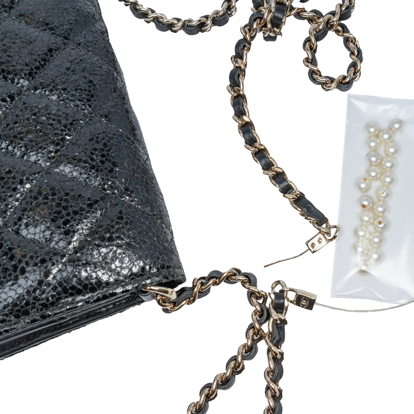 Chanel CC Quilted Crackled Patent Pearl Strap Wallet On Chain