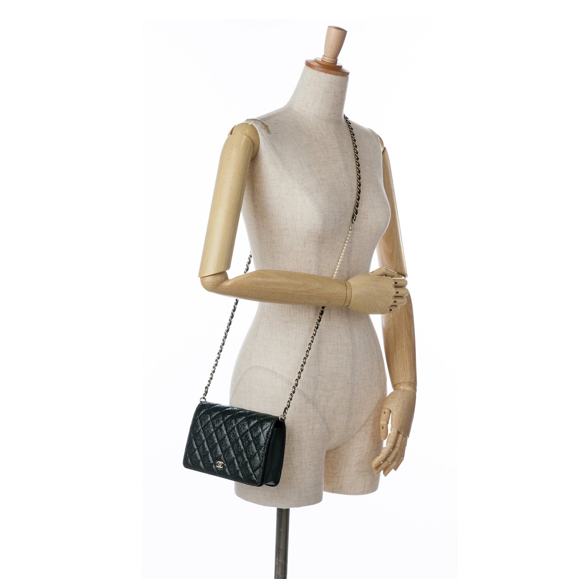 Chanel CC Quilted Crackled Patent Pearl Strap Wallet On Chain