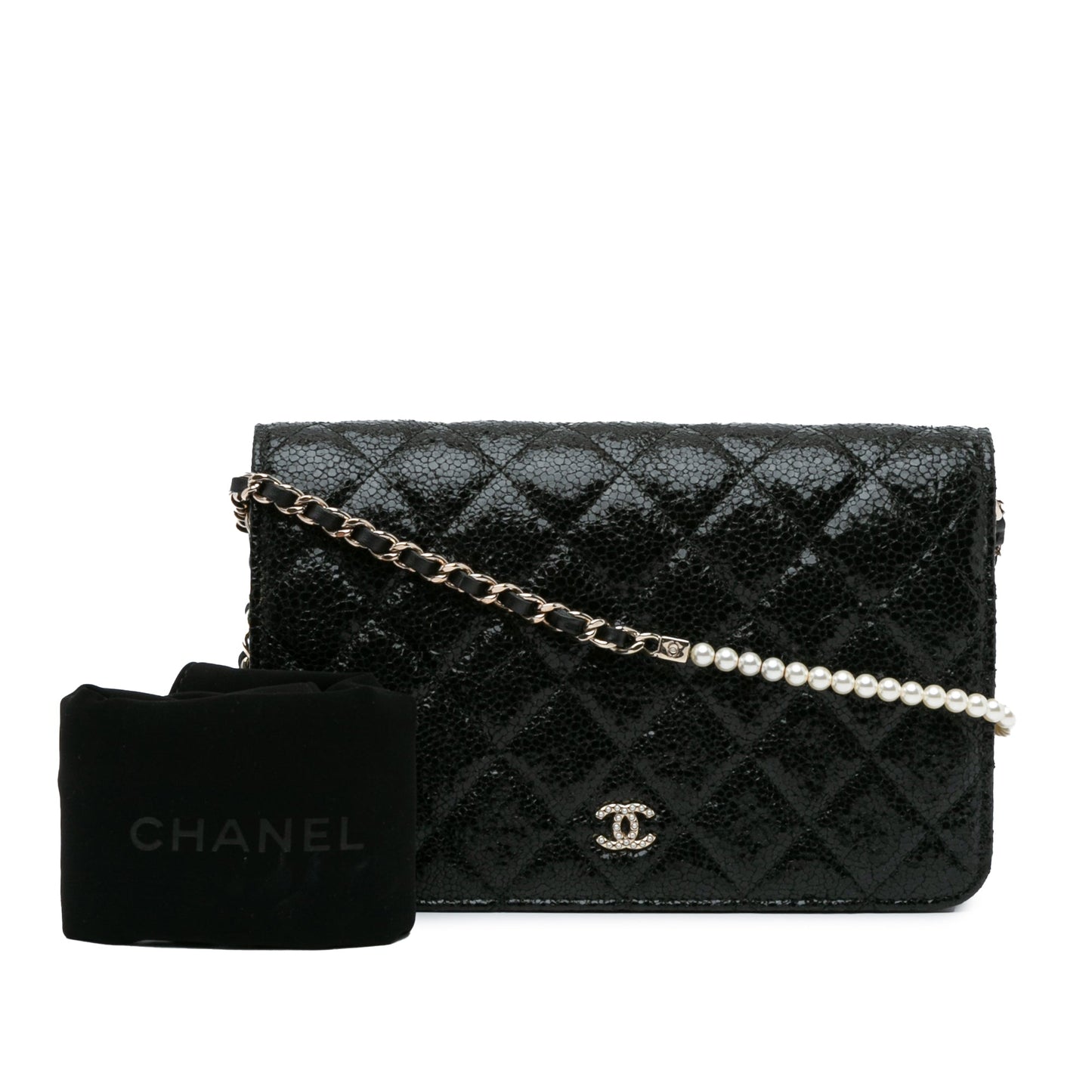 Chanel CC Quilted Crackled Patent Pearl Strap Wallet On Chain