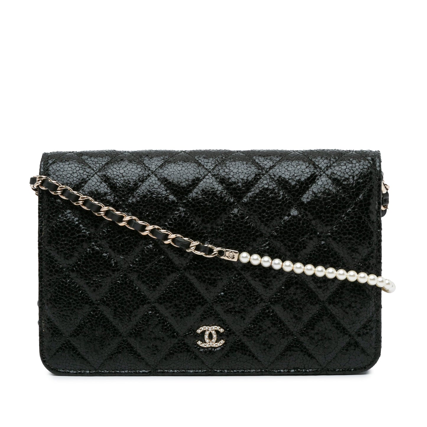 Chanel CC Quilted Crackled Patent Pearl Strap Wallet On Chain