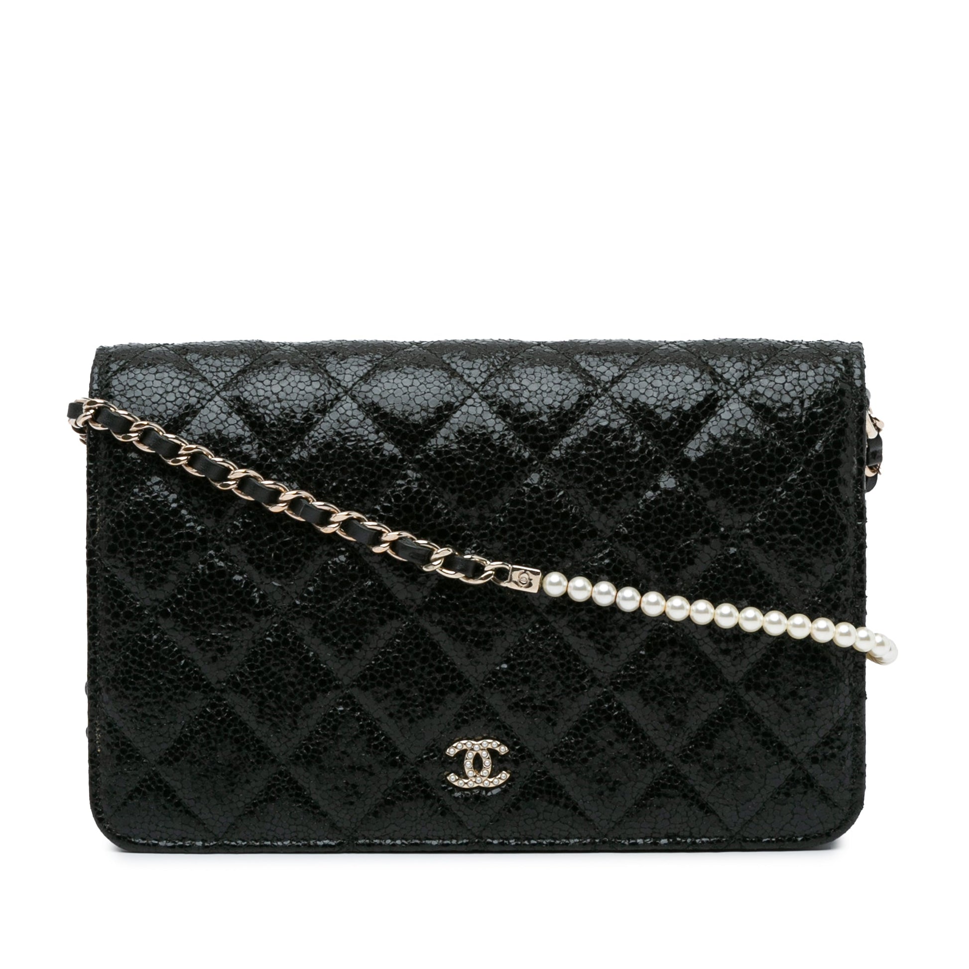 Chanel CC Quilted Crackled Patent Pearl Strap Wallet On Chain