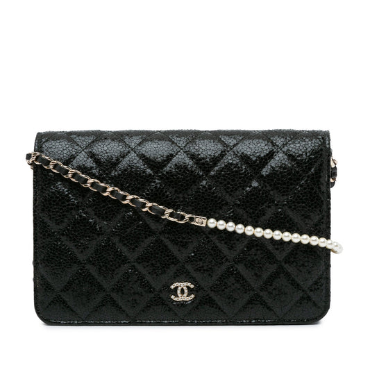 Chanel CC Quilted Crackled Patent Pearl Strap Wallet On Chain