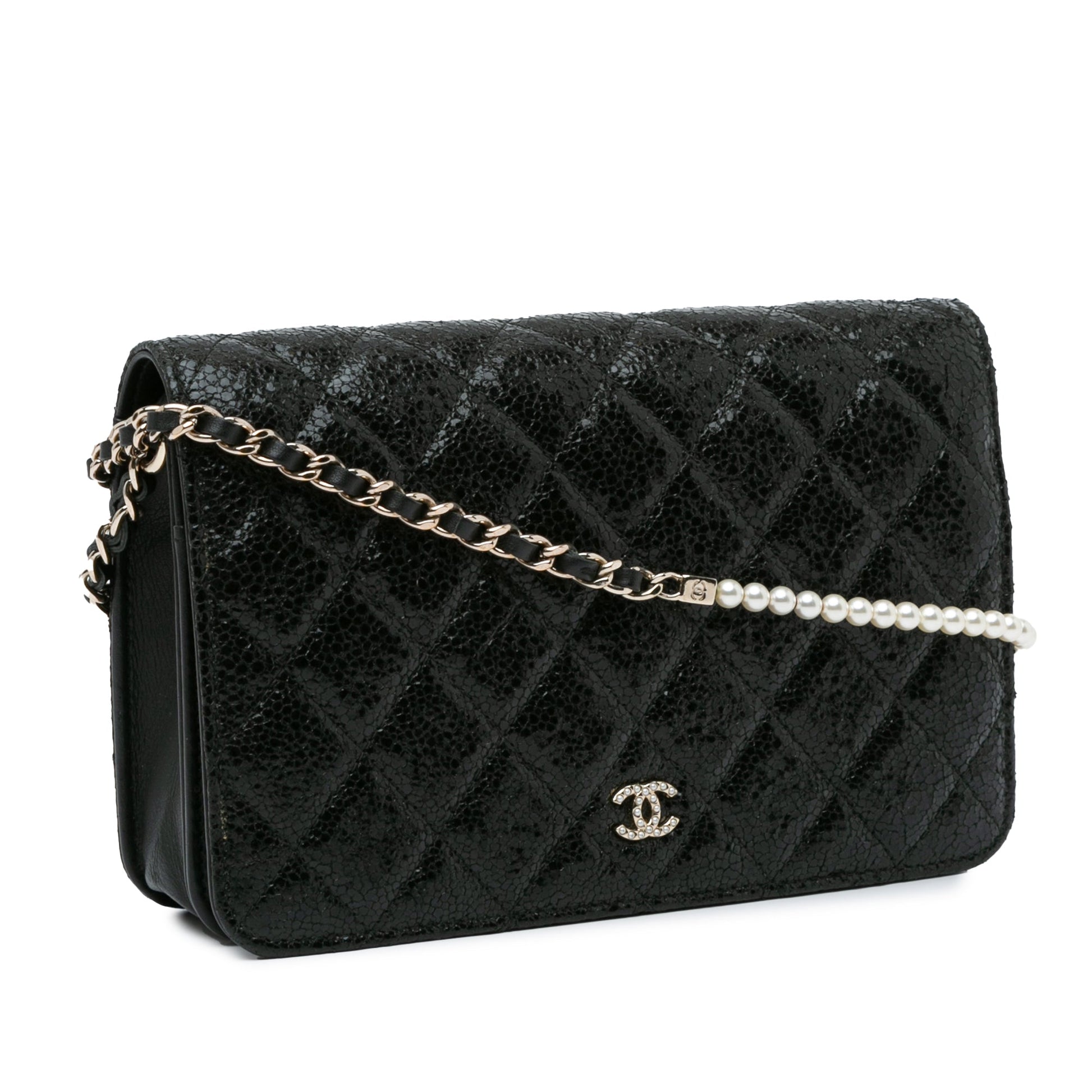 Chanel CC Quilted Crackled Patent Pearl Strap Wallet On Chain