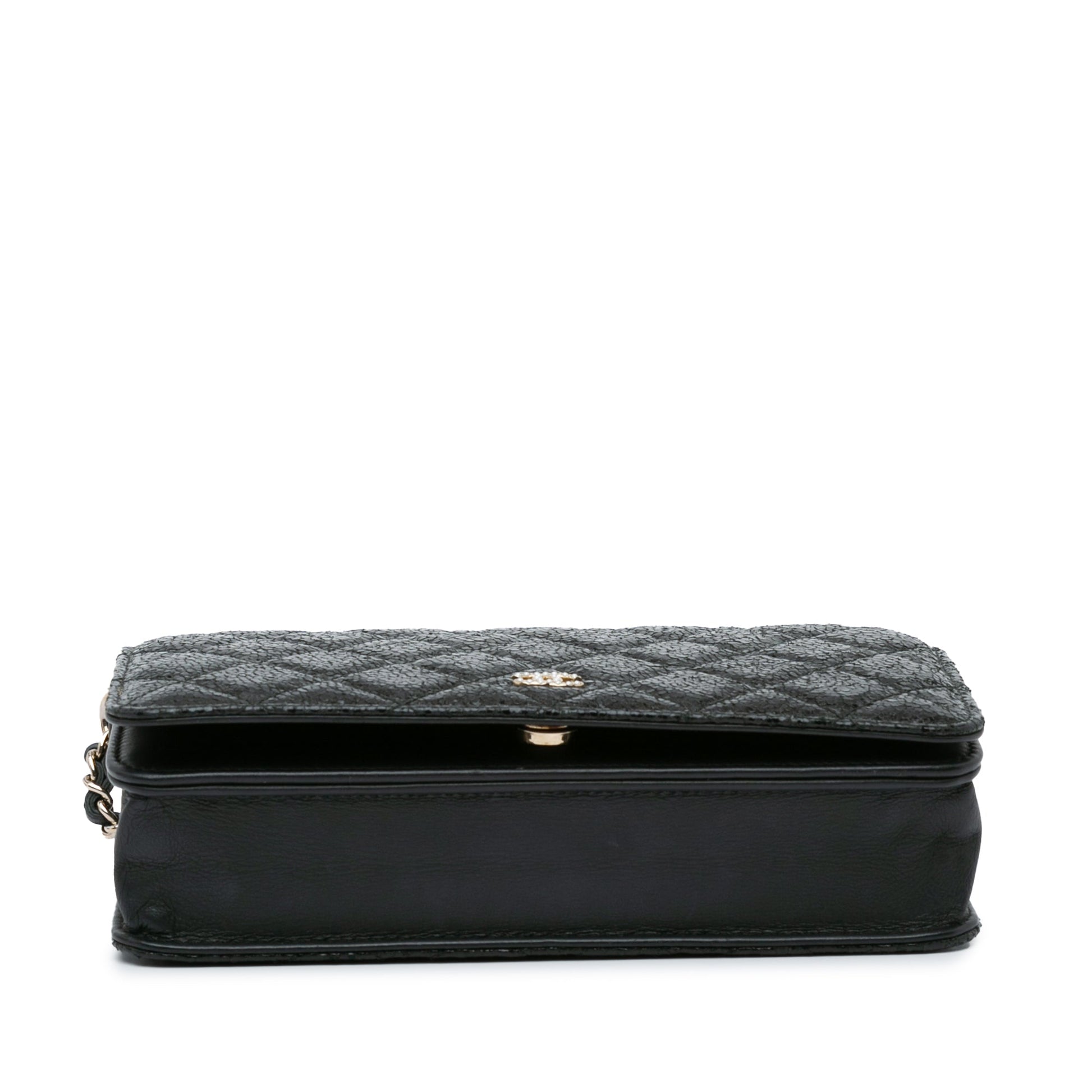 Chanel CC Quilted Crackled Patent Pearl Strap Wallet On Chain