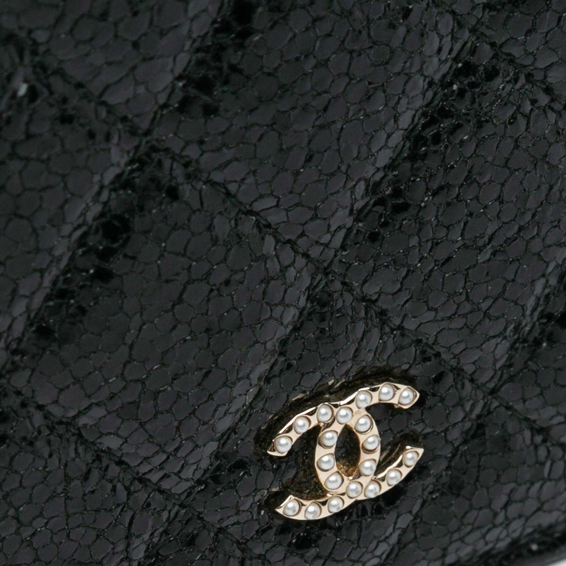 Chanel CC Quilted Crackled Patent Pearl Strap Wallet On Chain