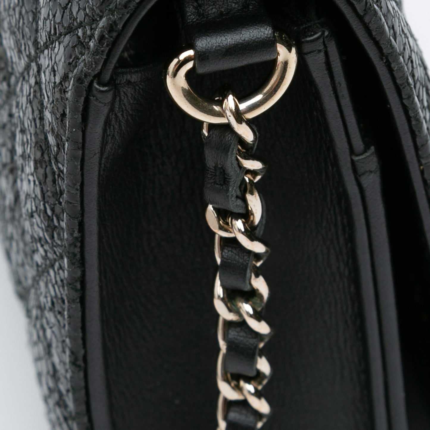 Chanel CC Quilted Crackled Patent Pearl Strap Wallet On Chain