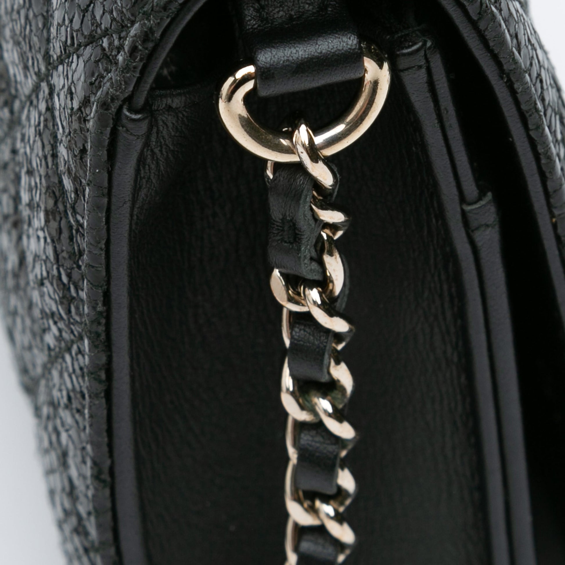 Chanel CC Quilted Crackled Patent Pearl Strap Wallet On Chain