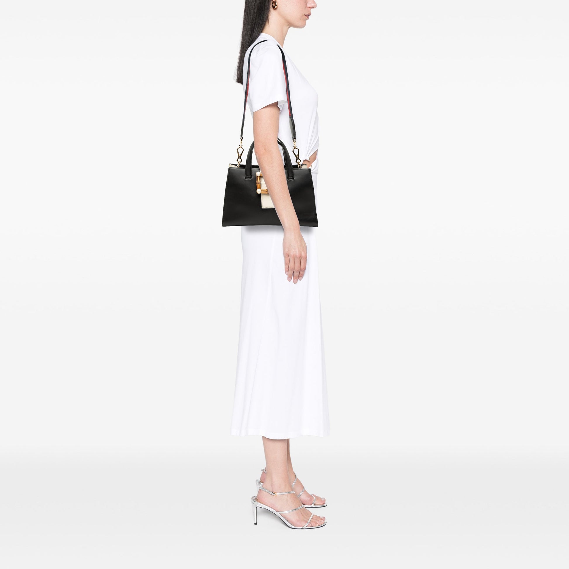 Gucci Small Bicolor Calfskin Bamboo Buckle Web Top Handle Bag