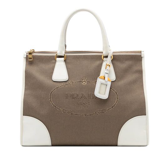 Prada Saffiano Trimmed Canvas Canapa Logo Double Zip Satchel