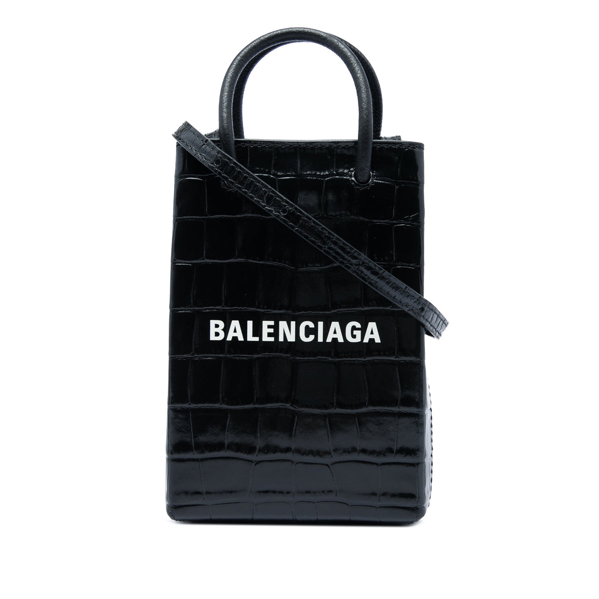 Balenciaga Mini Croc Embossed Leather Shopping Phone Holder — Black