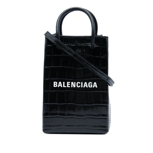 Balenciaga Mini Croc Embossed Leather Shopping Phone Holder — Black
