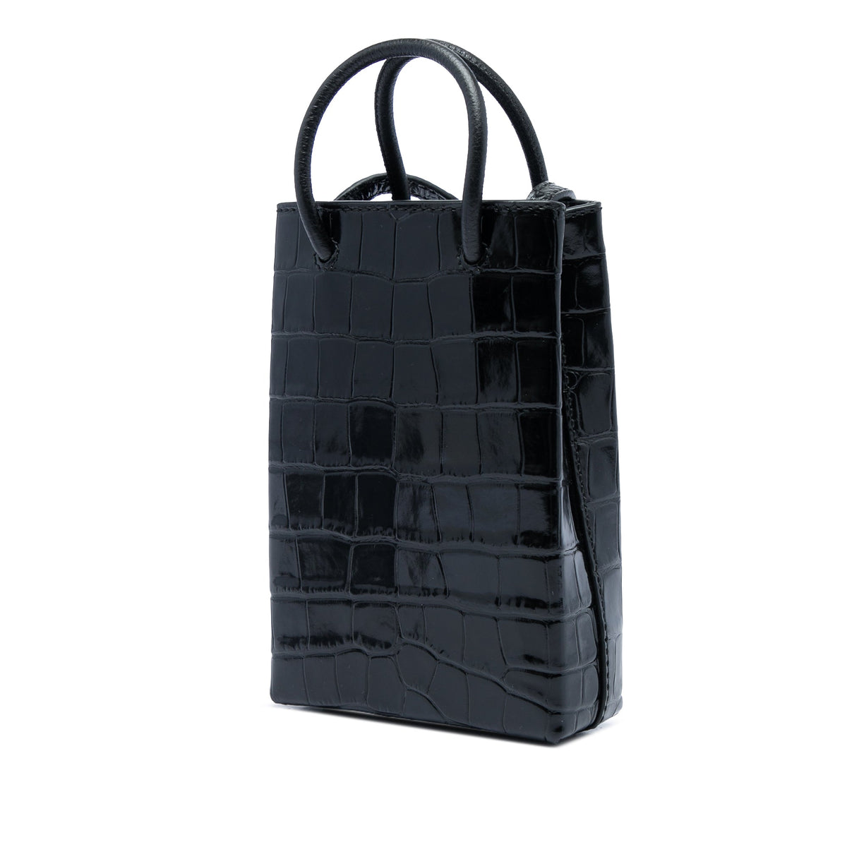 Balenciaga Mini Croc Embossed Leather Shopping Phone Holder — Black