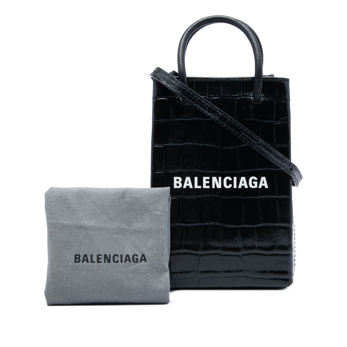 Balenciaga Mini Croc Embossed Leather Shopping Phone Holder — Black