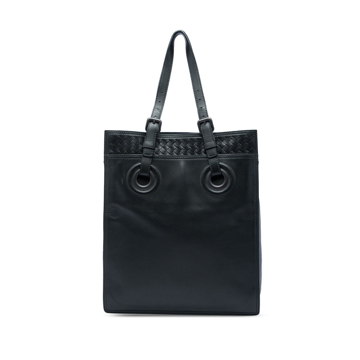 Bottega Veneta Intrecciato Trimmed Leather Oculus Tote — Black