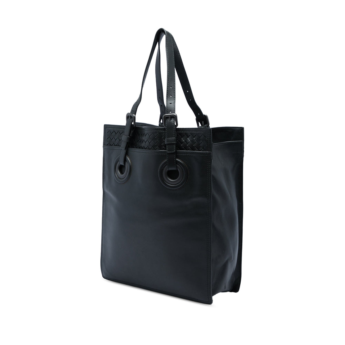 Bottega Veneta Intrecciato Trimmed Leather Oculus Tote — Black