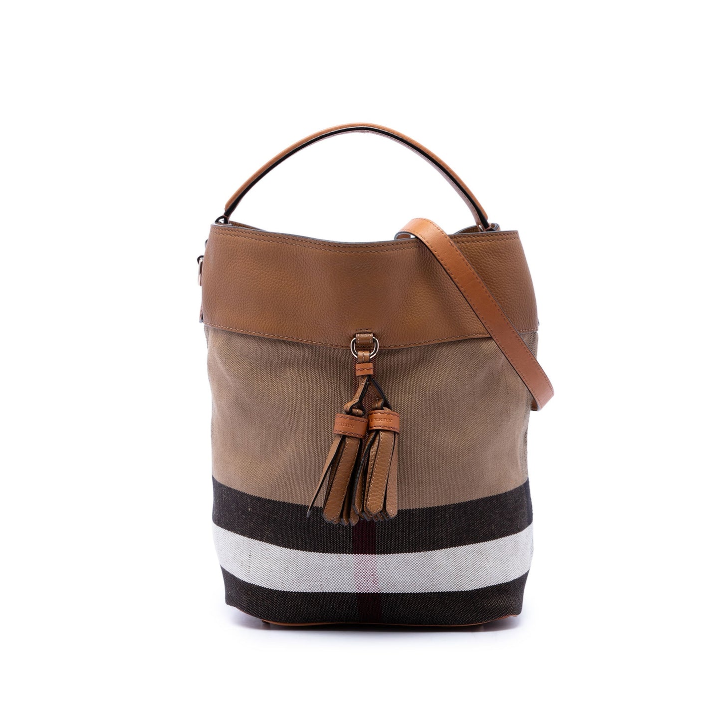 Burberry Medium Mega Check Canvas and Grained Calfskin Ashby Tassel Bucket Bag